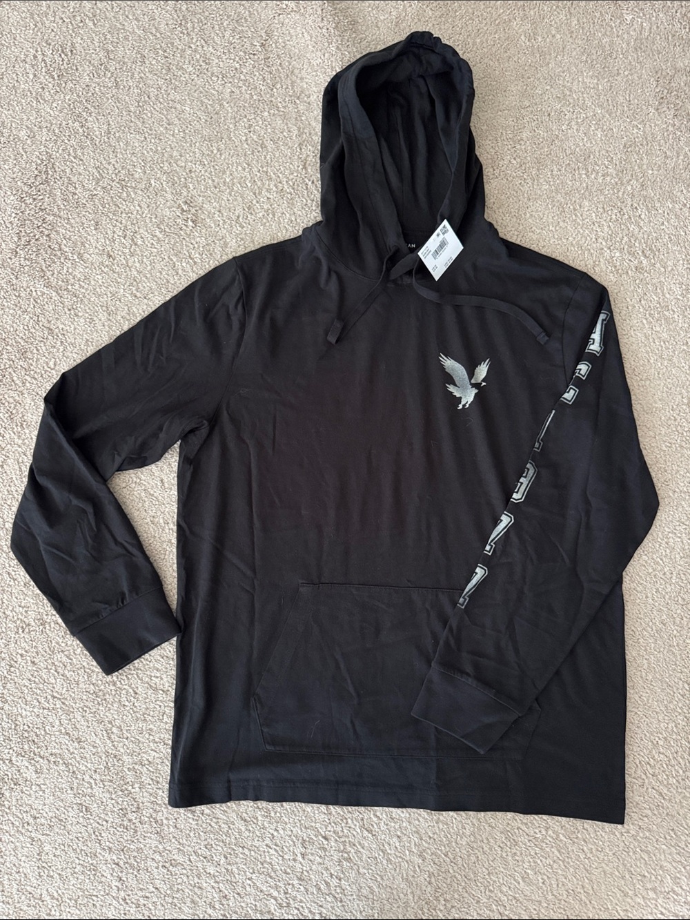 American Eagle Outfitters Black Hooded Long-Sleeve with Silver Eagle Graphic